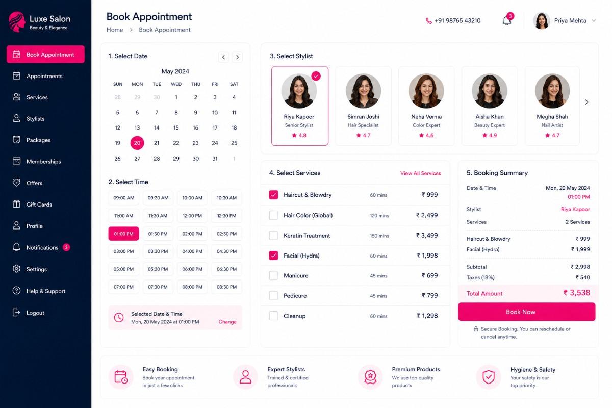 Salon appointment booking interface