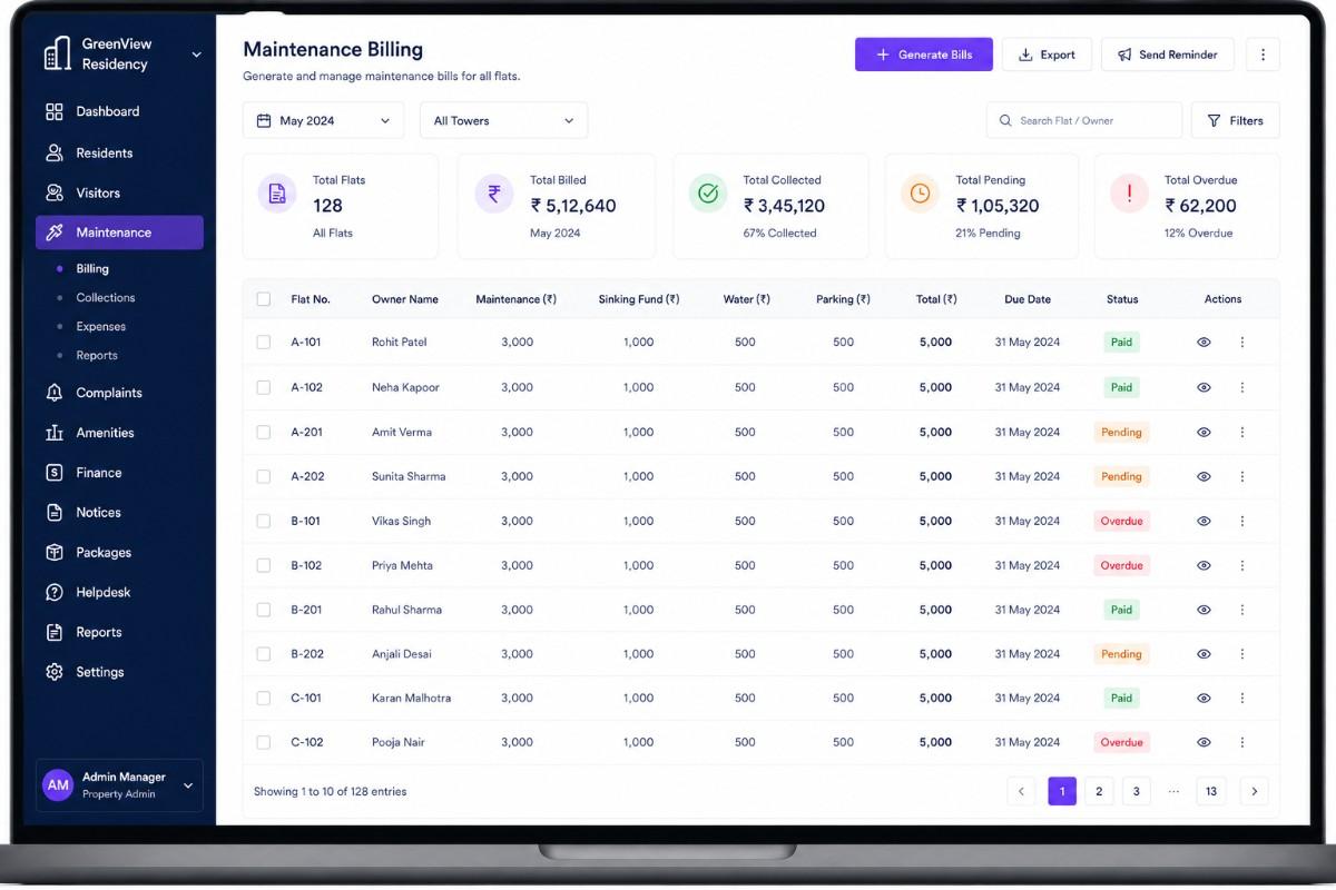 Society maintenance billing interface