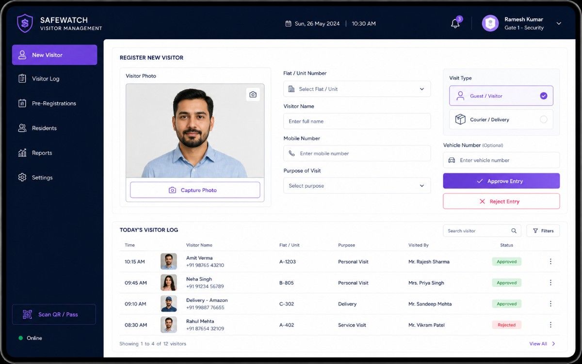 Visitor management system screen
