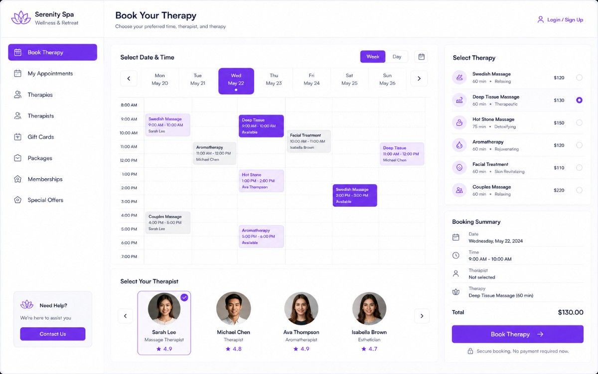 Spa therapy booking interface