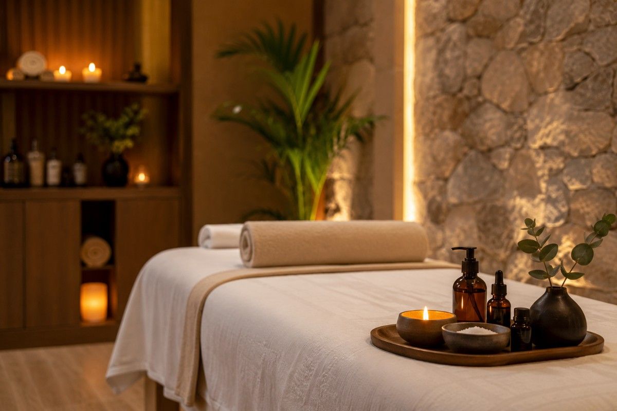 Relaxing spa interior with treatment setup
