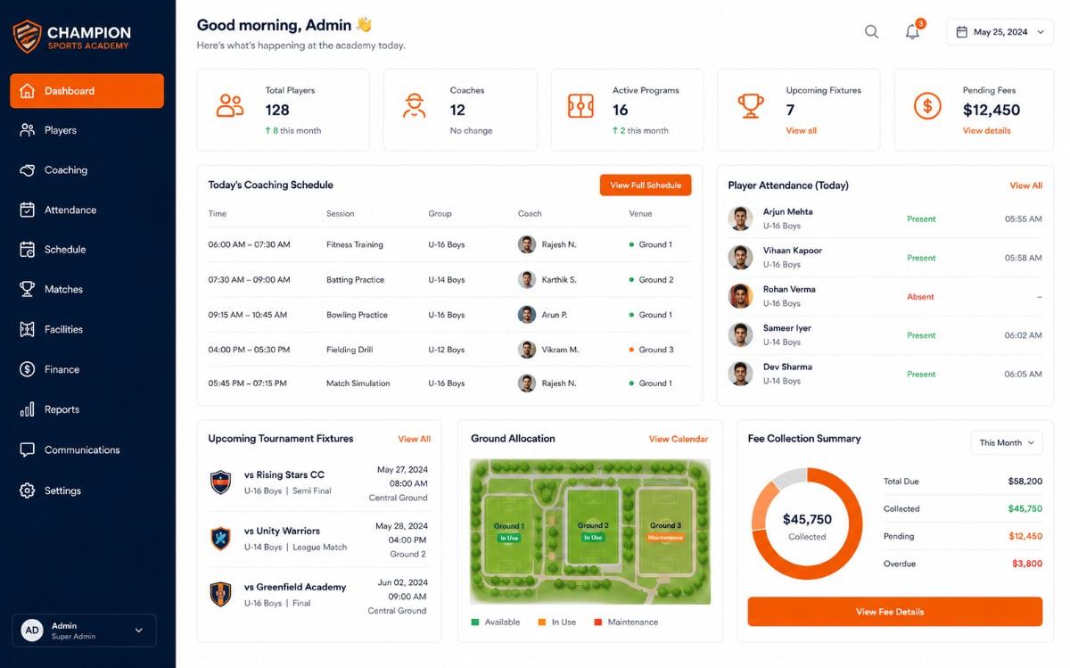 Sports academy management dashboard preview