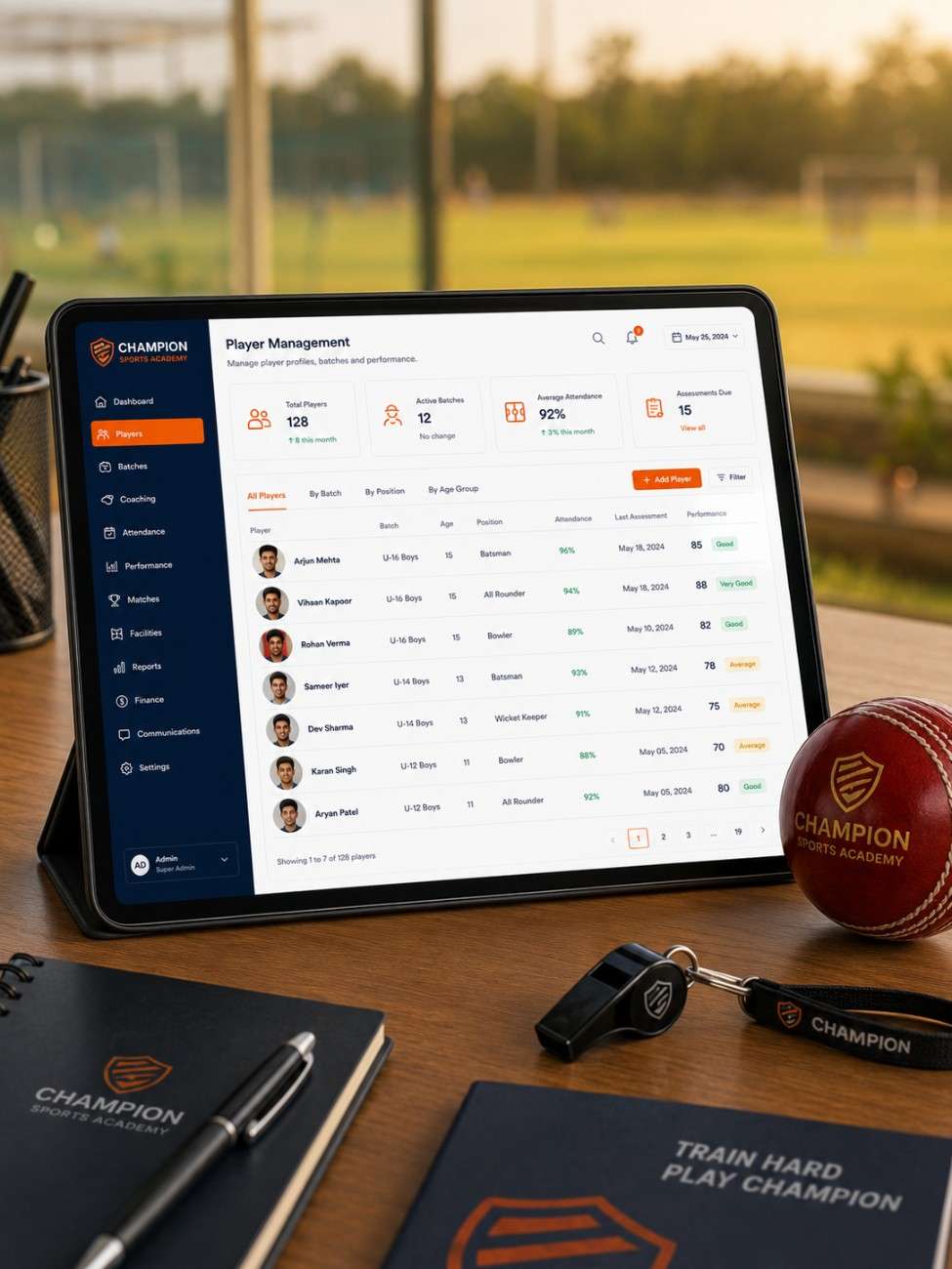 Sports academy software interface on tablet