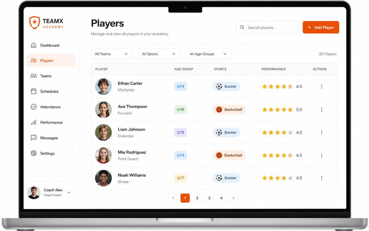Sports academy player management interface