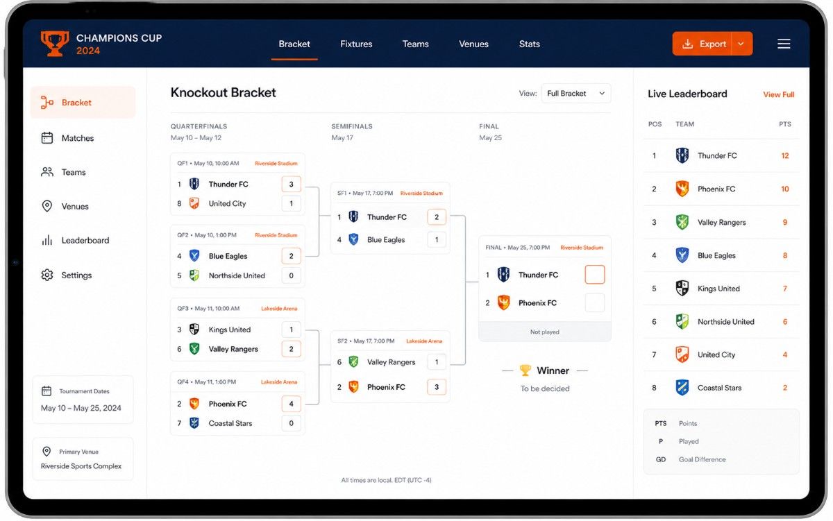 Sports tournament management screen