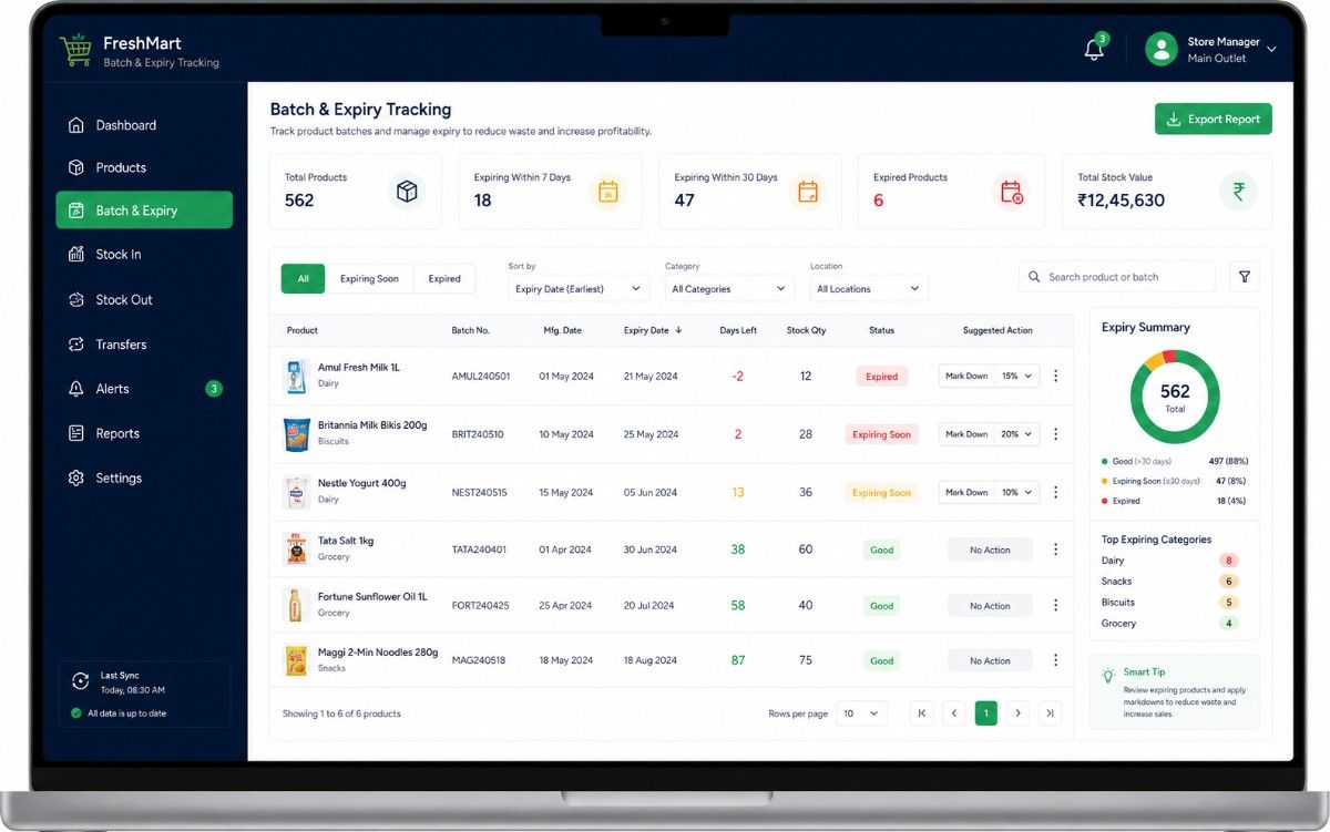 Batch and expiry tracking screen