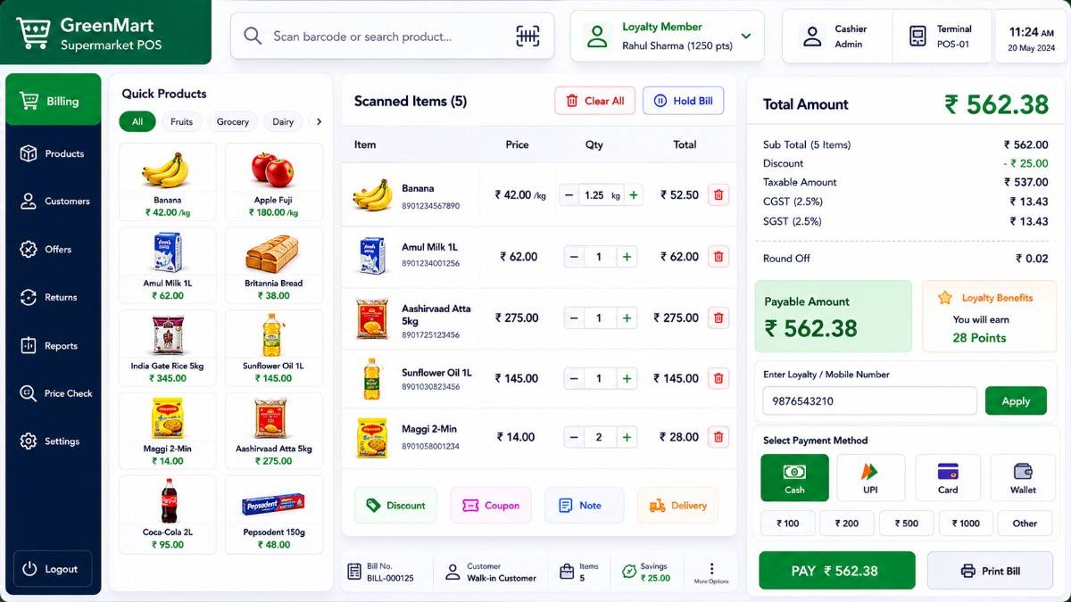 Supermarket quick billing POS interface