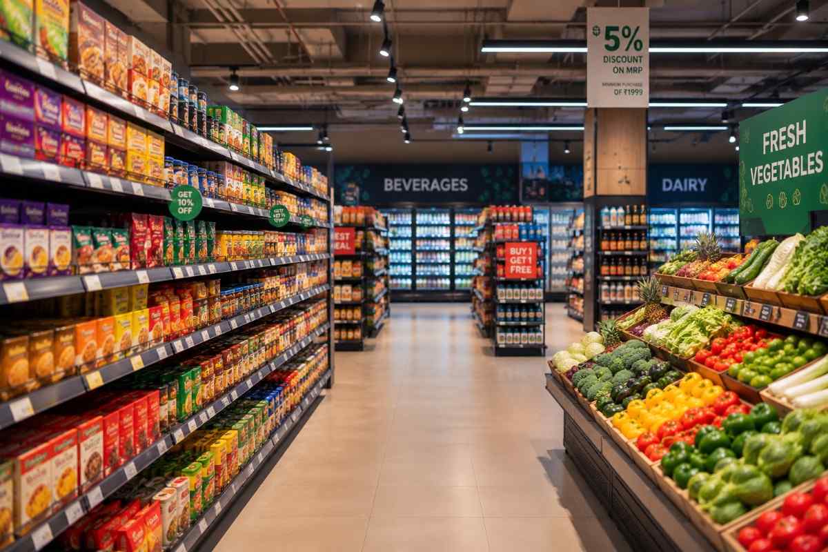 Modern supermarket interior with product aisles