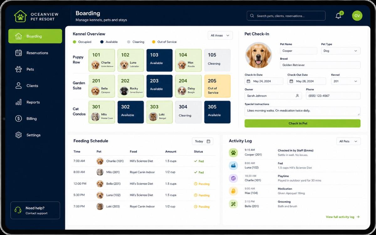 Pet boarding management screen