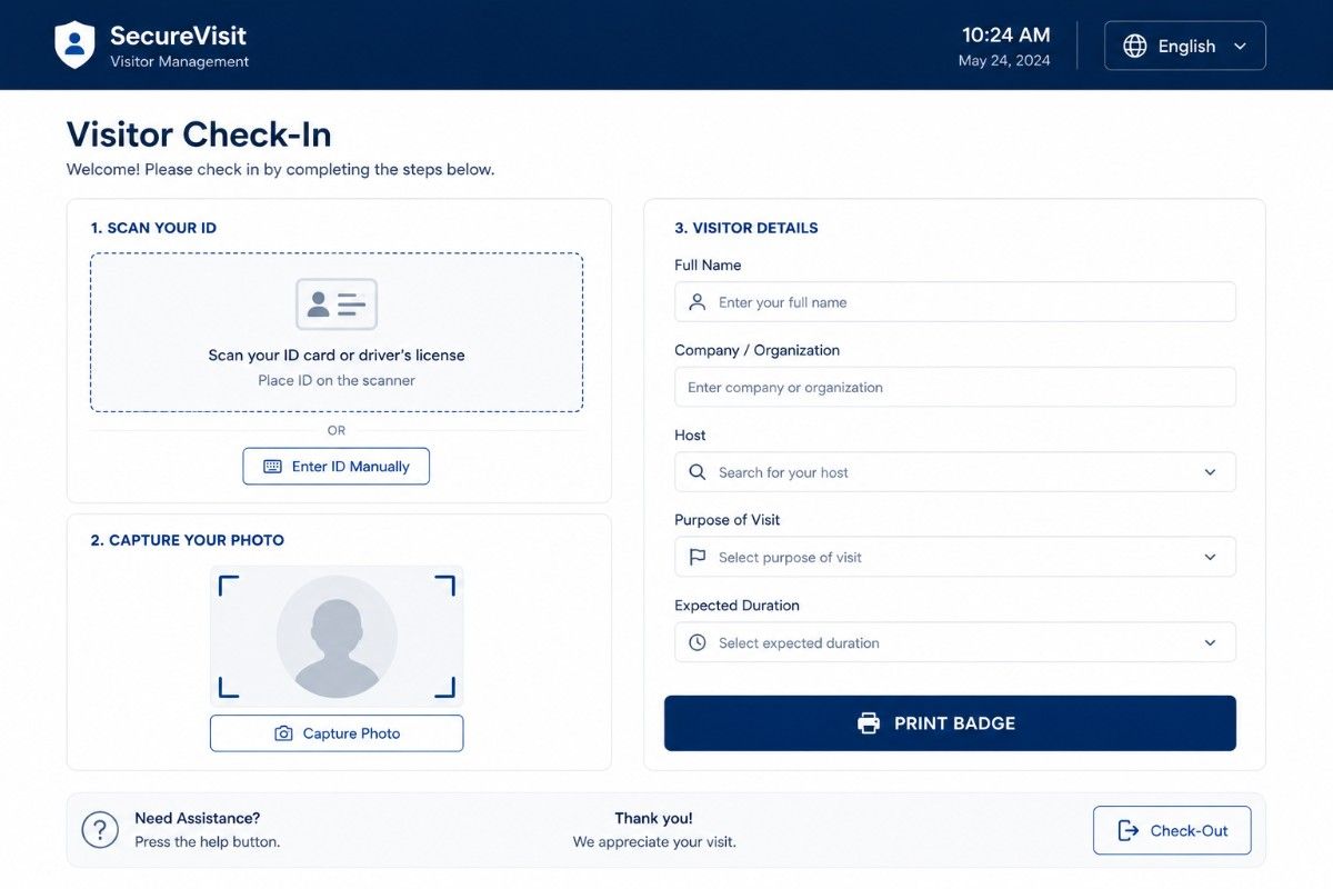 Visitor self check-in kiosk interface