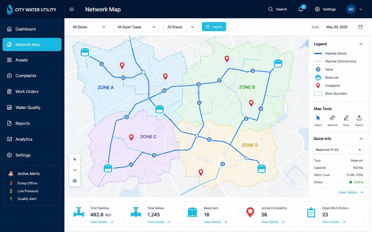 Water network GIS mapping screen