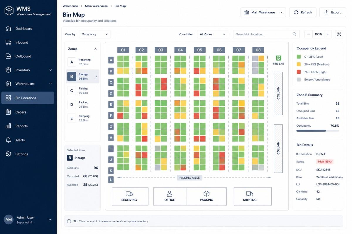 Warehouse bin location heatmap interface
