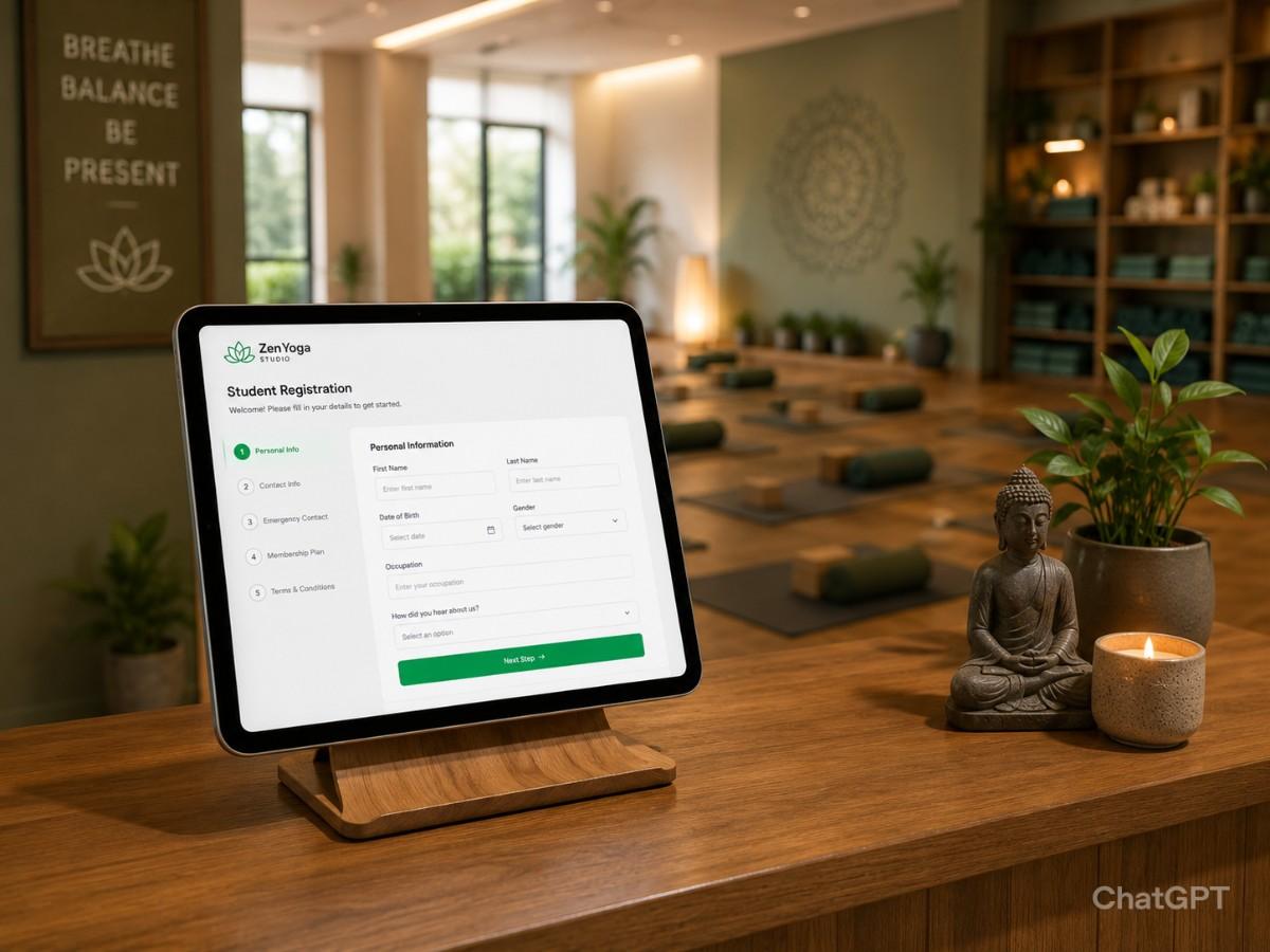 Yoga studio using SITS management software on tablet
