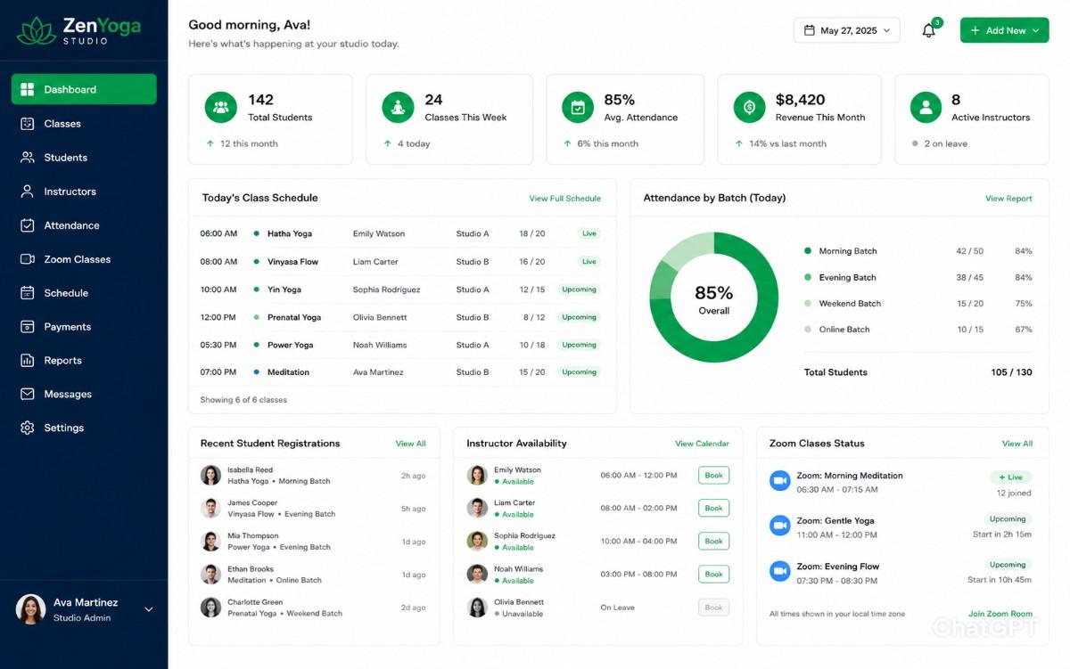 Yoga studio management dashboard preview