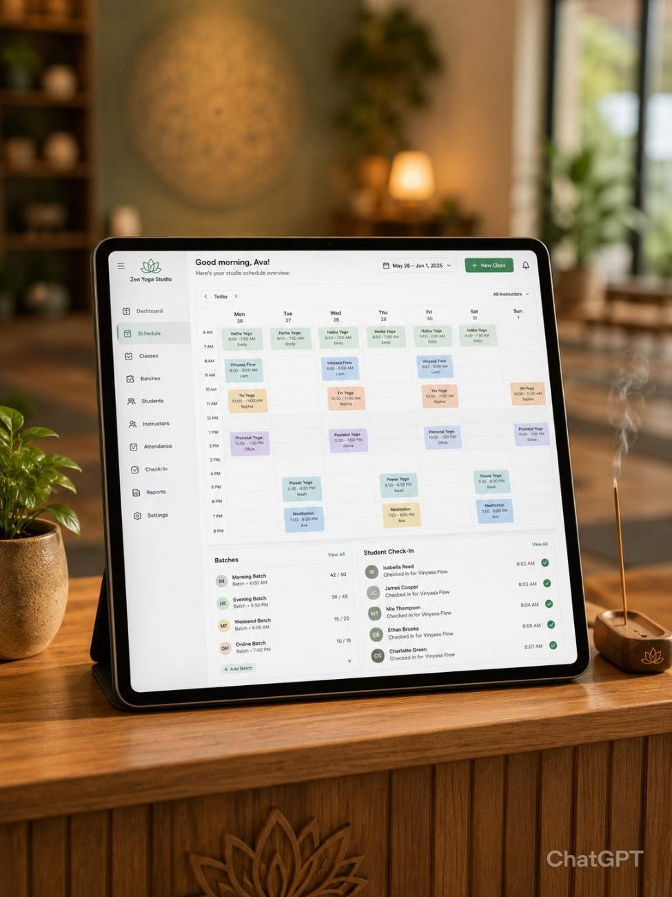 Yoga studio software interface on tablet