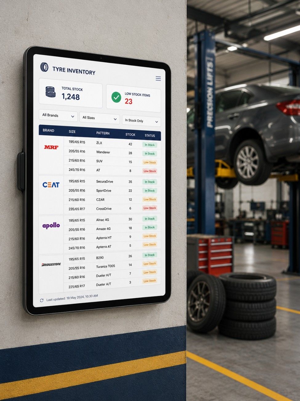 Tyre shop software on screen