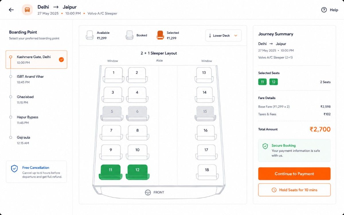 Bus seat selection interface