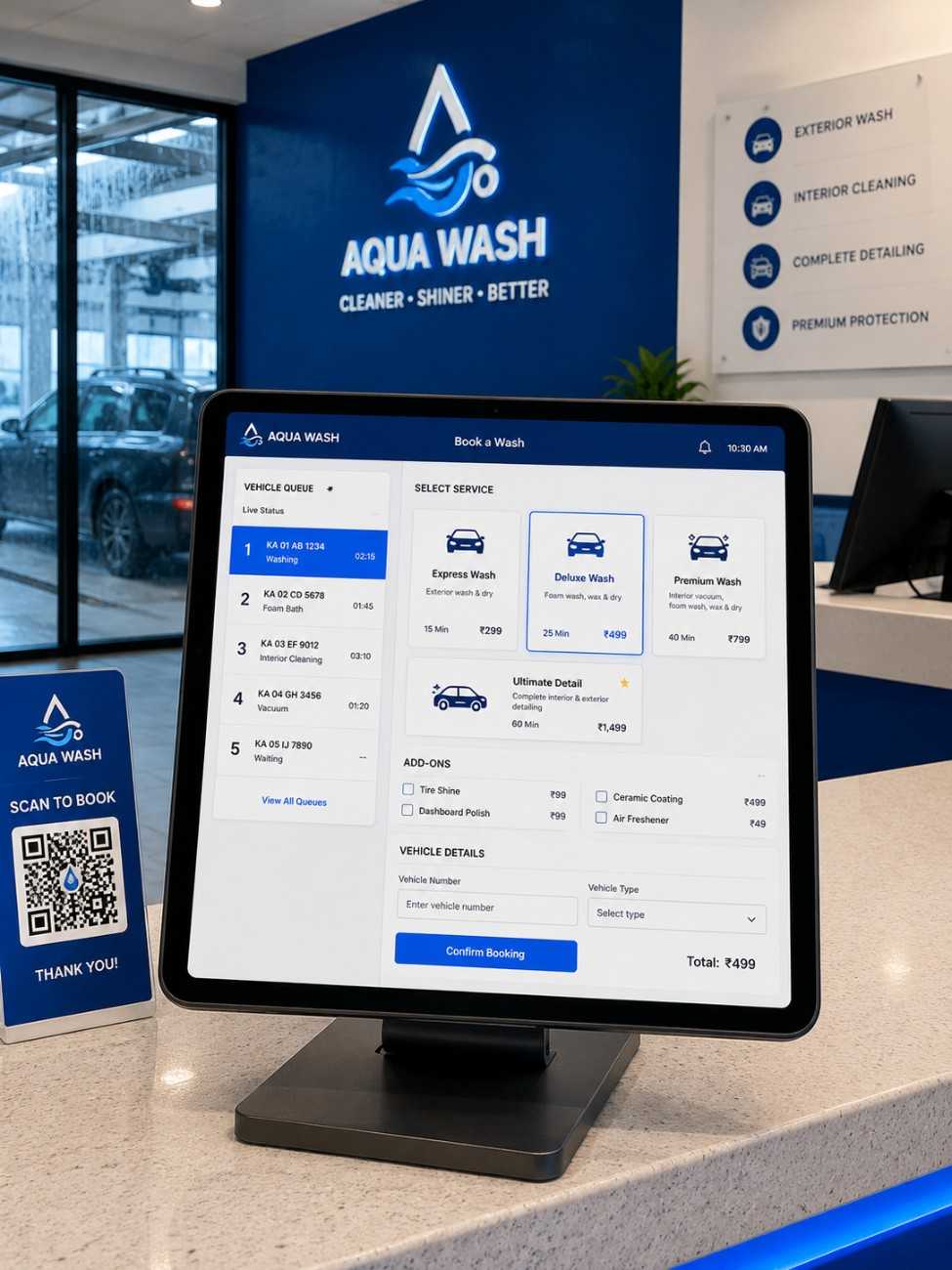 Car wash software interface on tablet