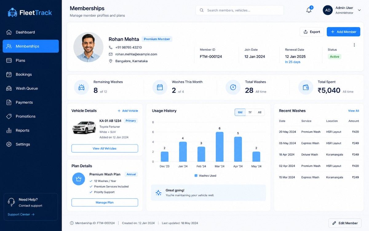 Car wash membership management screen
