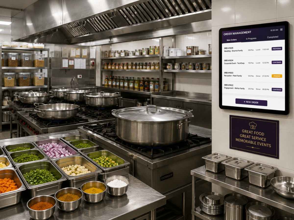 Catering event setup with management software on tablet