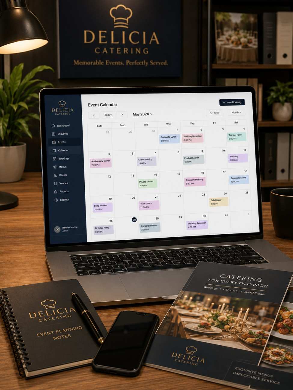 Catering software interface showing event calendar on laptop