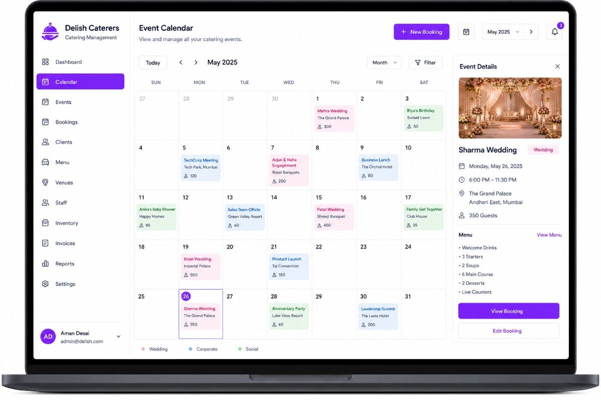 Catering event booking calendar interface