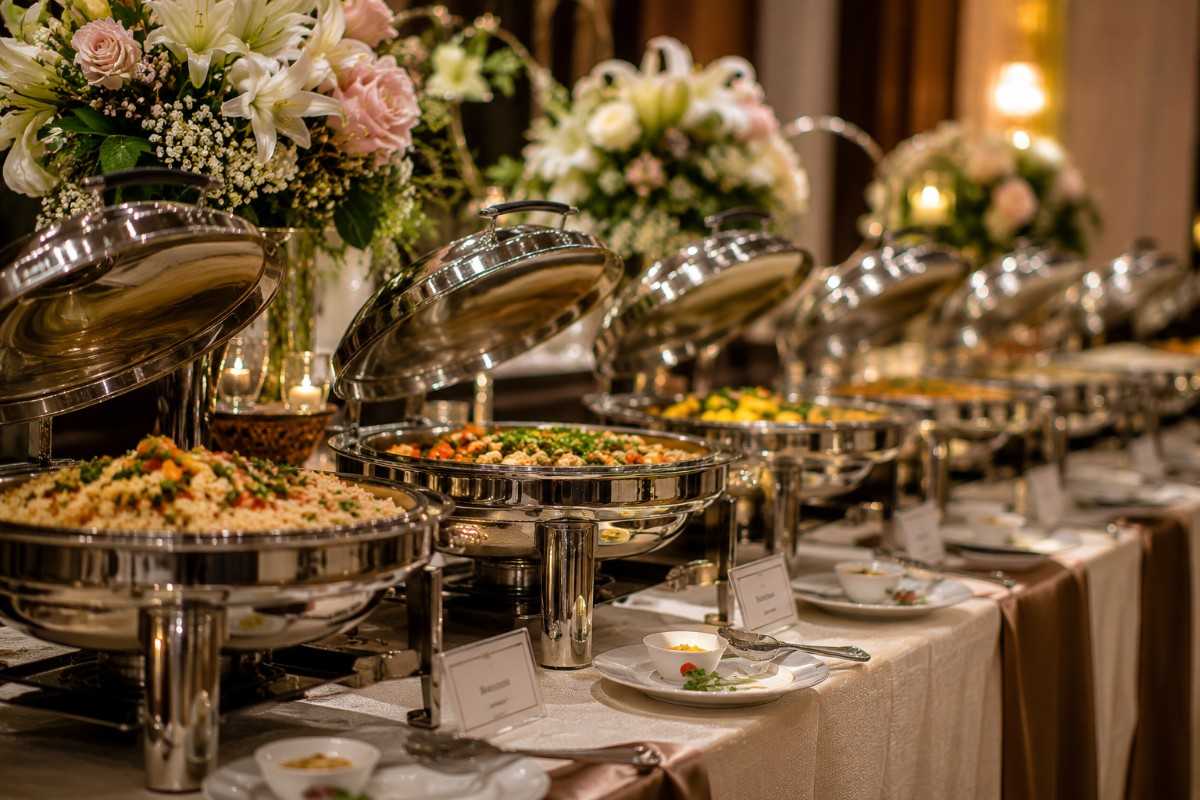 Large catering event buffet setup with chafing dishes