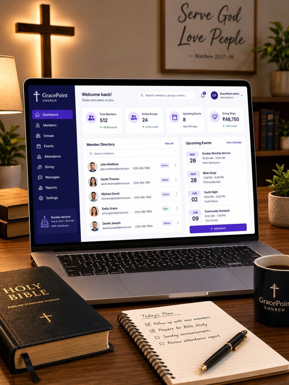 Church software interface on laptop