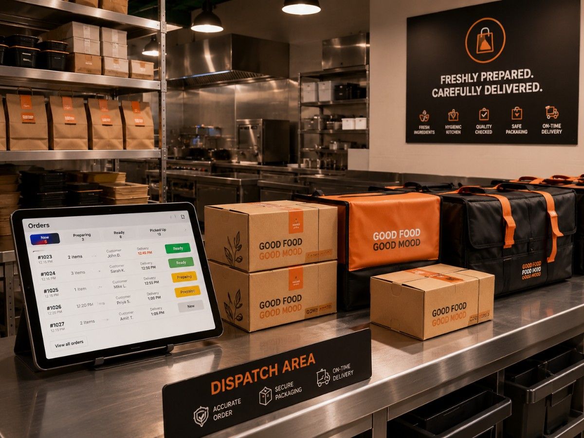 Cloud kitchen workstation with order management display