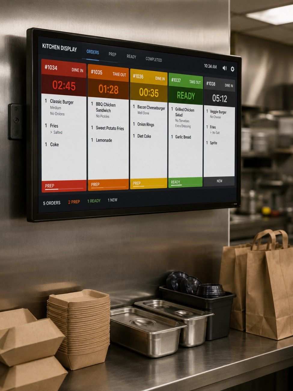 Cloud kitchen software interface on monitor at kitchen workstation