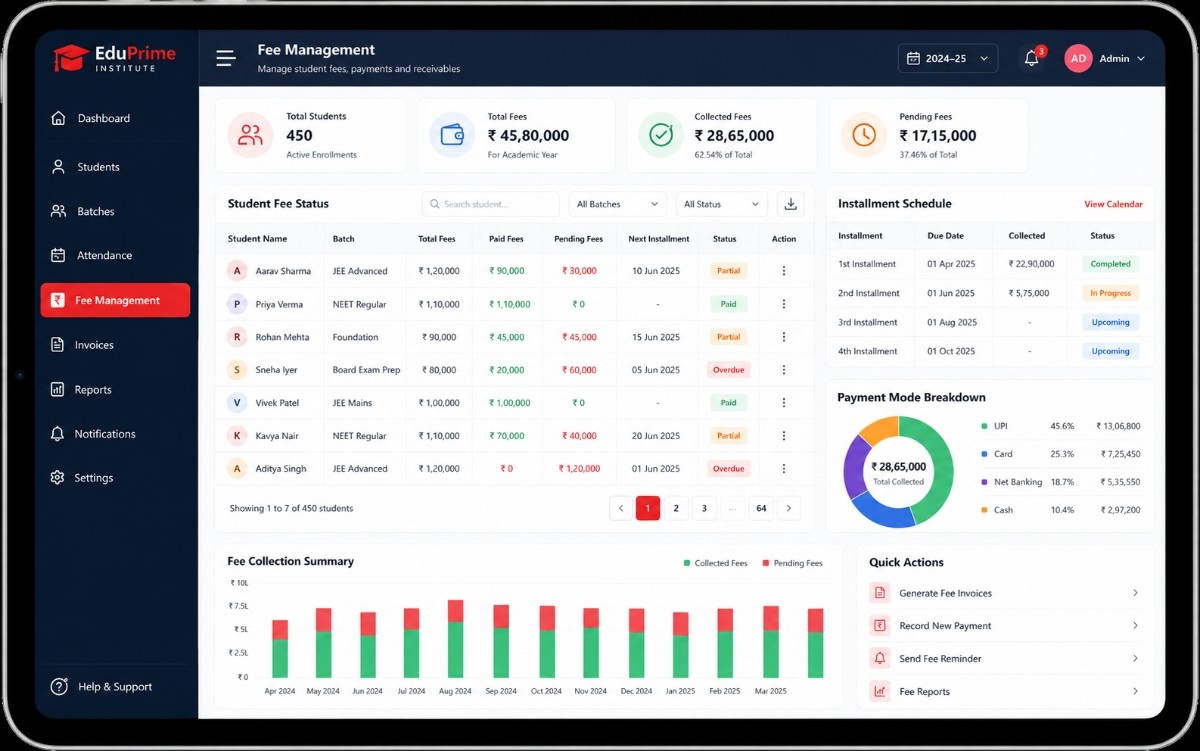 Coaching fee management screen