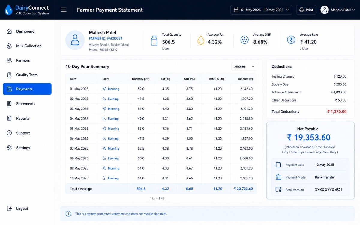 Farmer payment statement screen