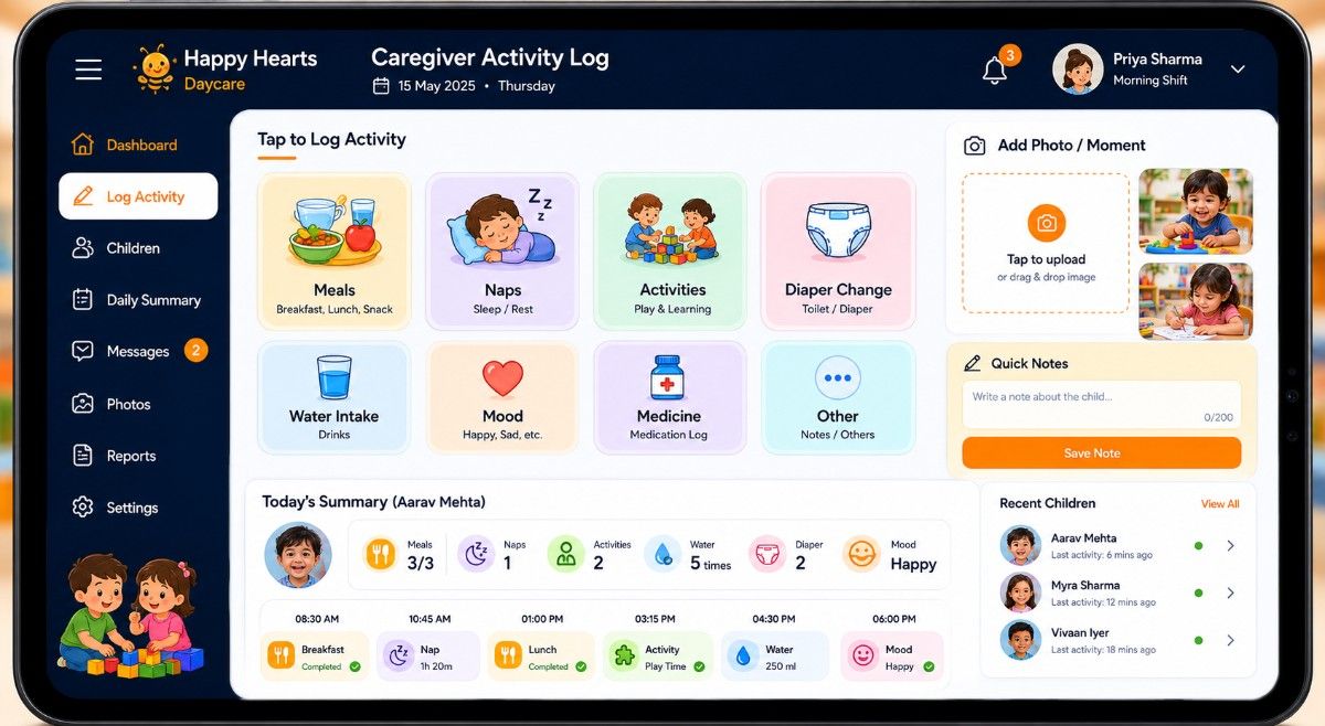 Daycare activity log screen