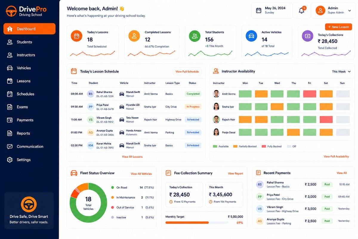 Driving school dashboard preview