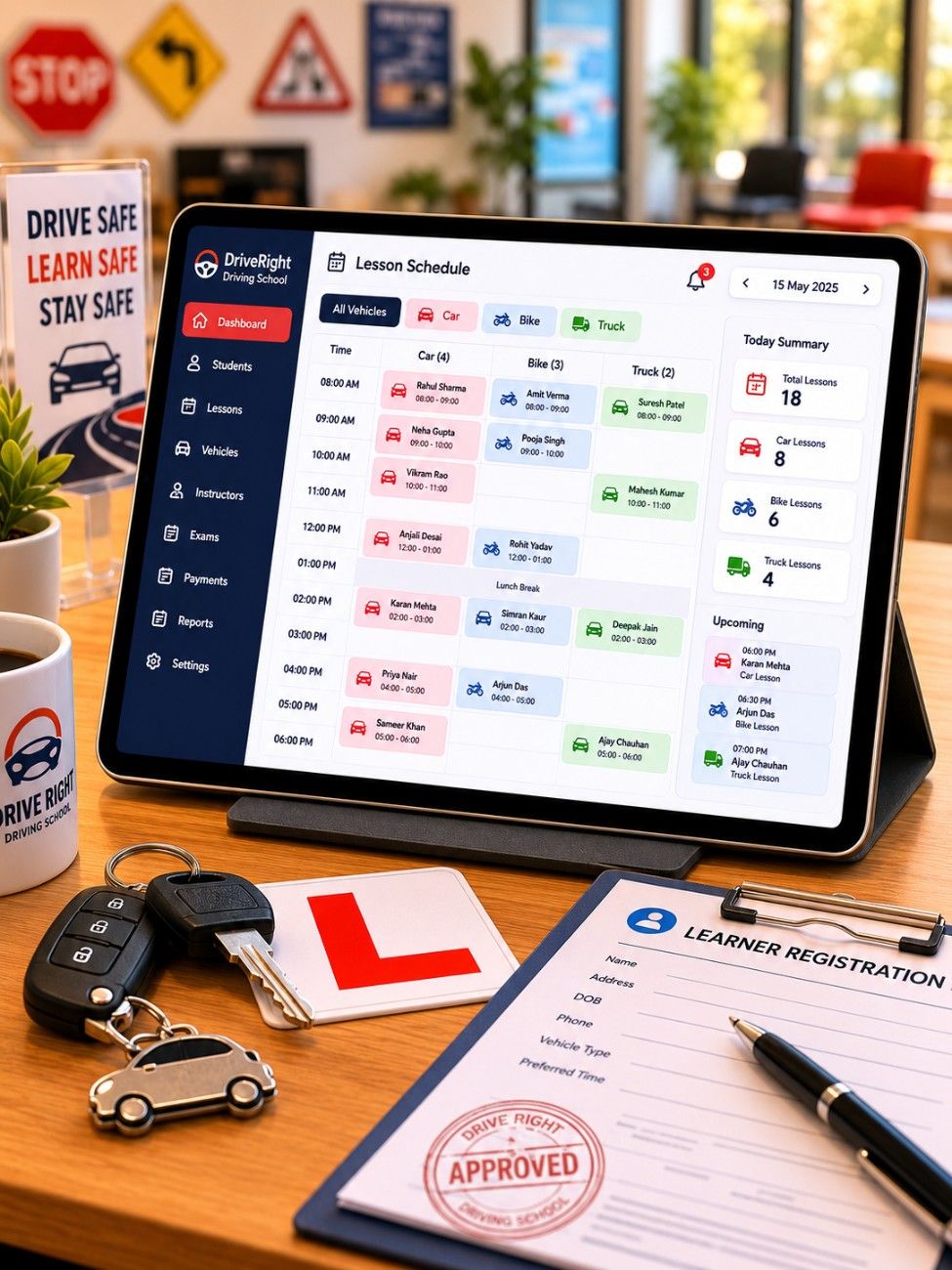 Driving school software on tablet