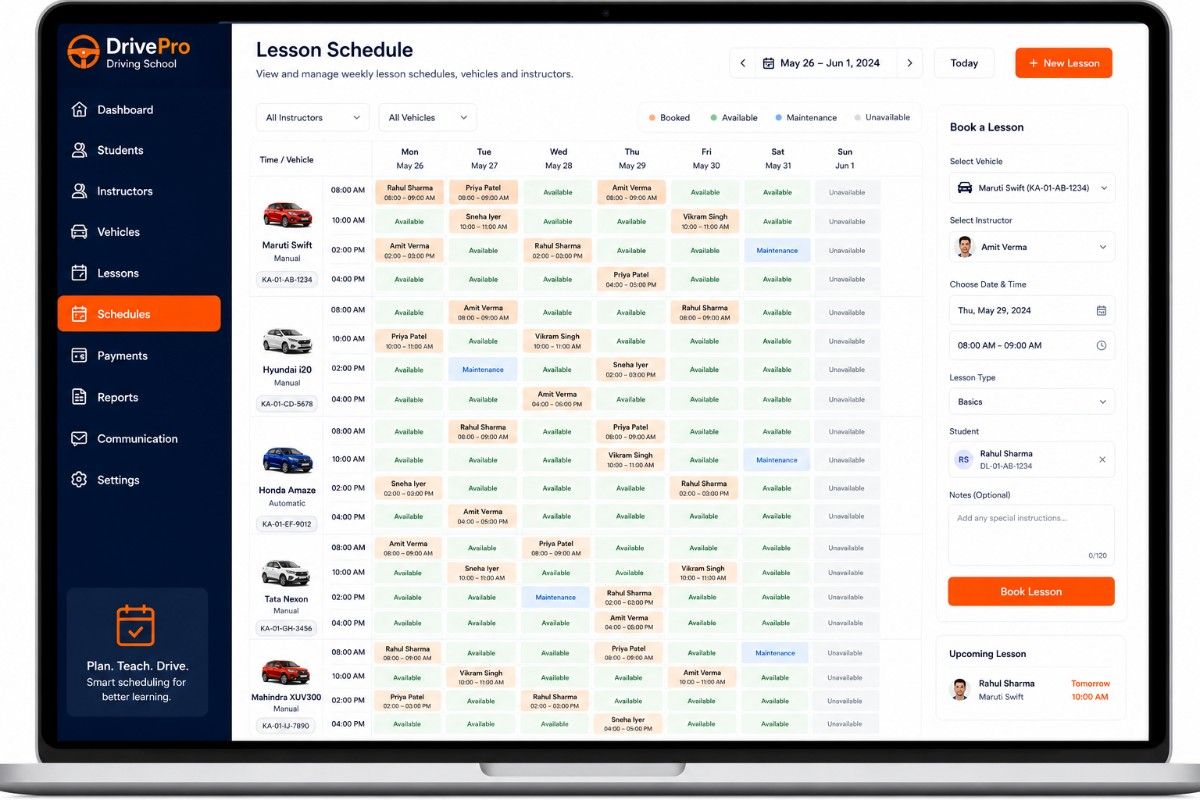 Driving school lesson scheduling interface