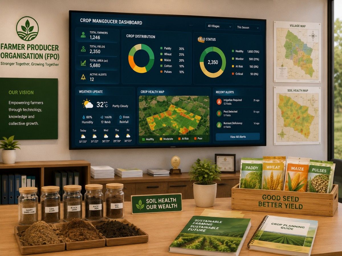 Farmer using SITS farm management app on tablet in field
