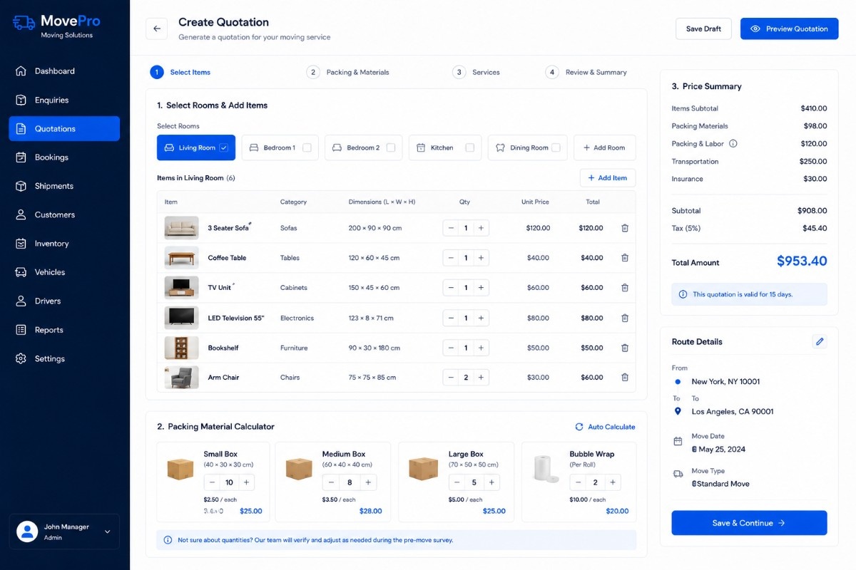 Moving quotation generator interface