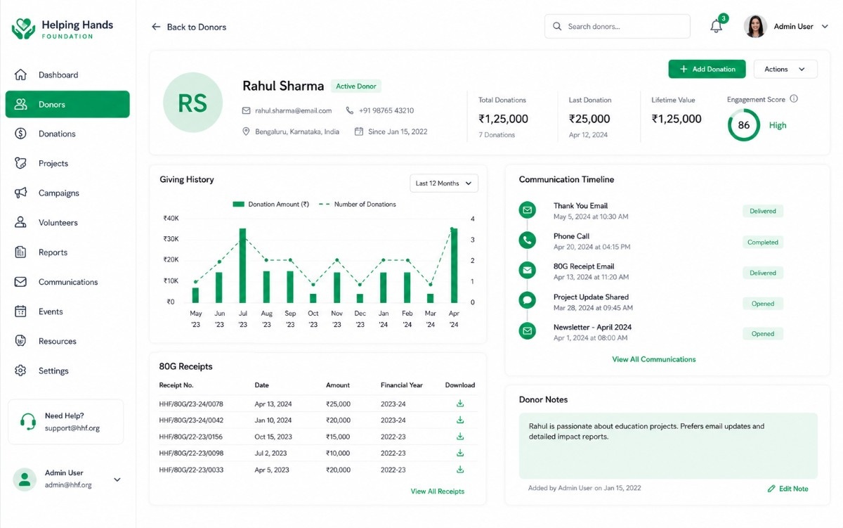 NGO donor management interface