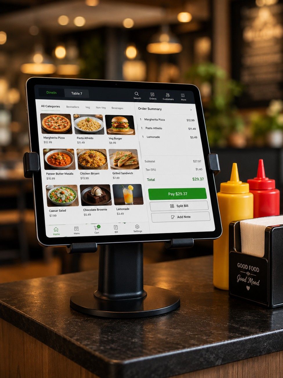 Restaurant POS interface on tablet at billing counter