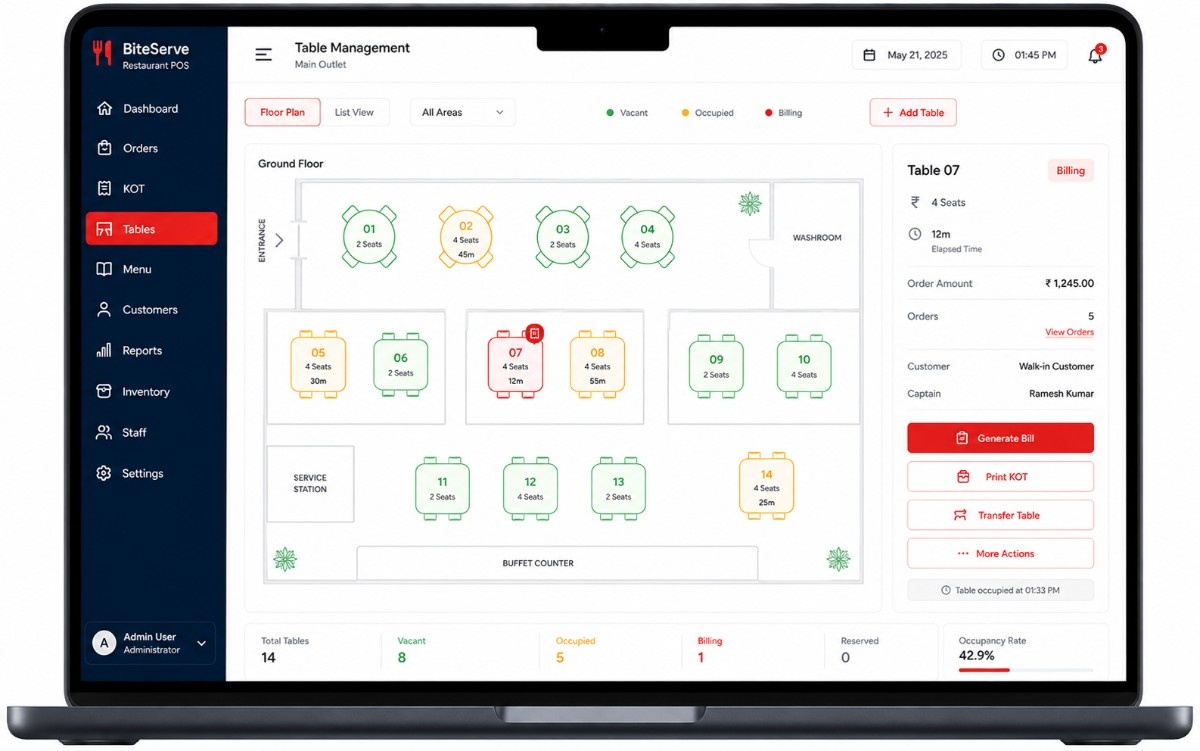 Restaurant table management interface with floor plan