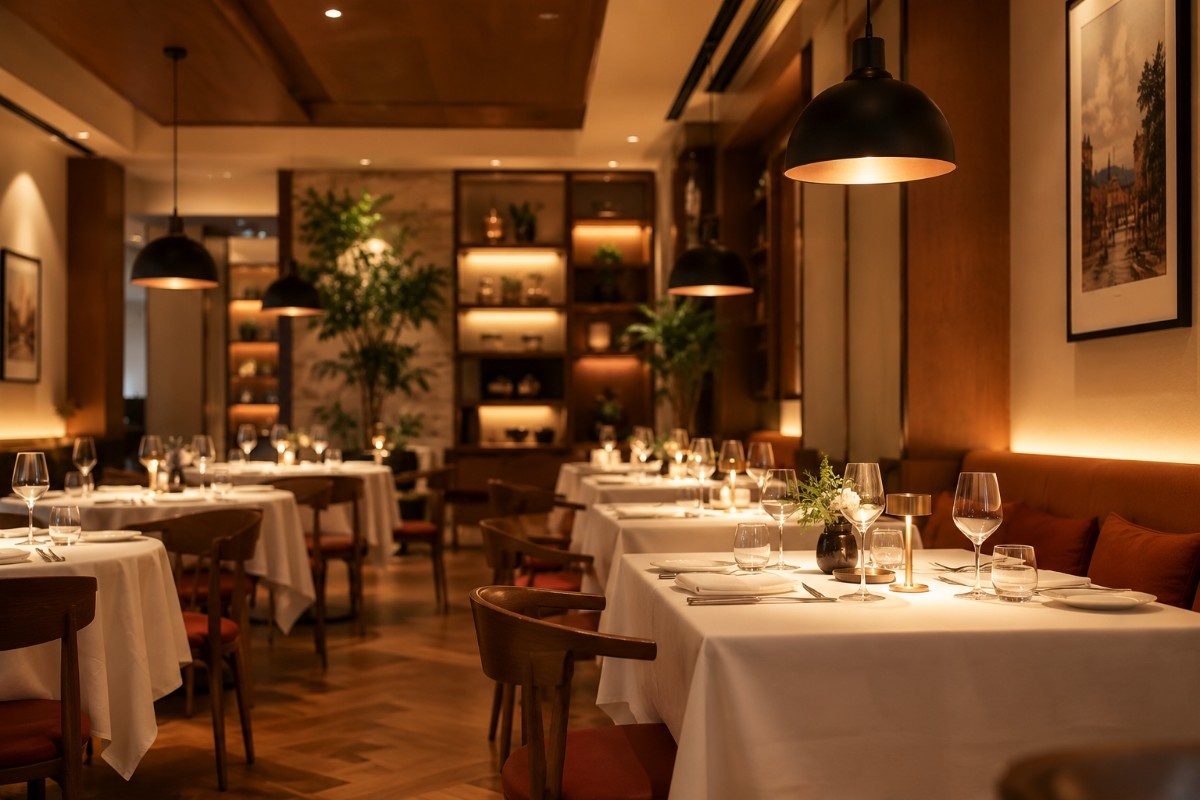 Busy restaurant interior with POS system in use