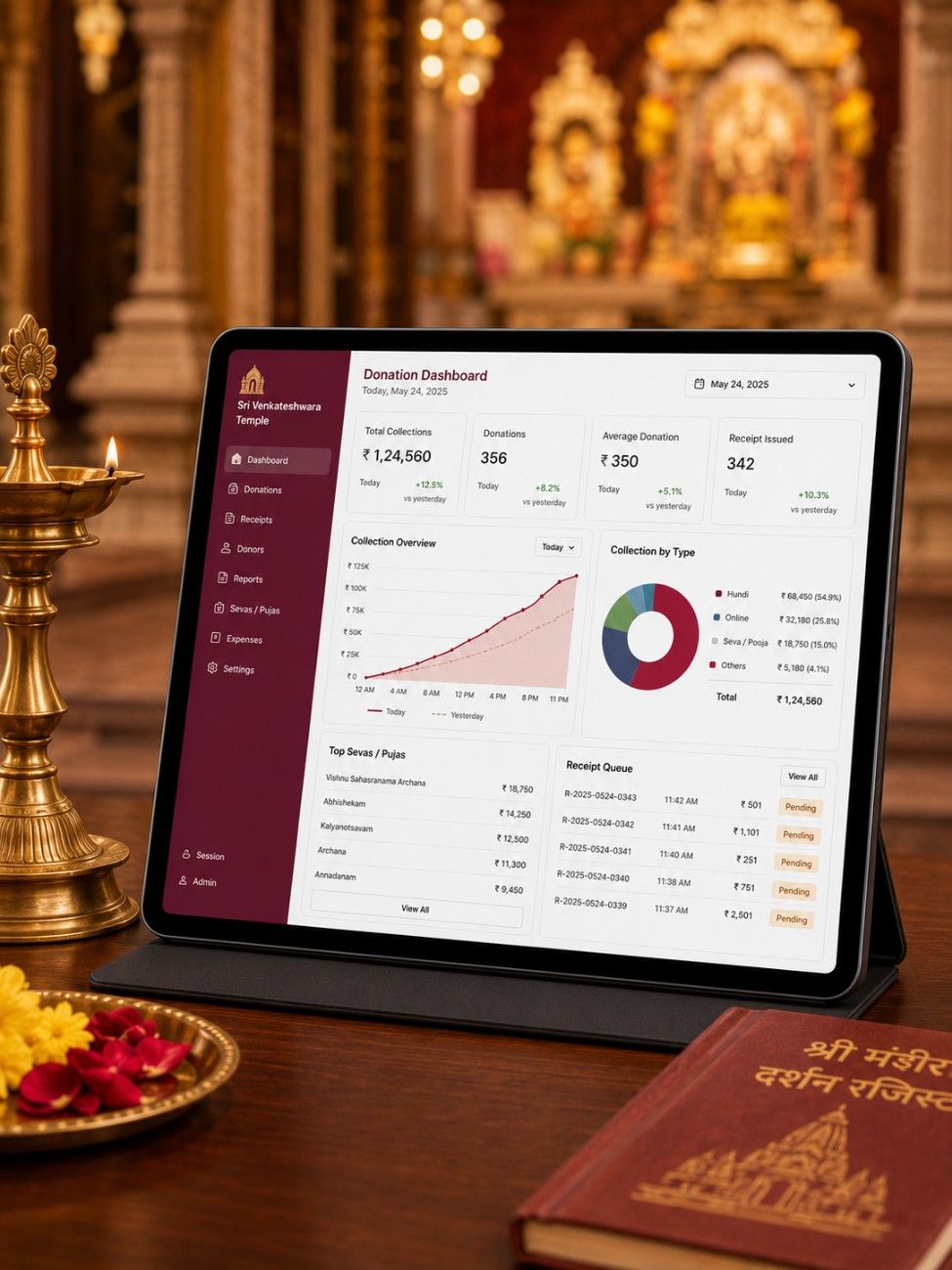 Temple donation software interface on tablet