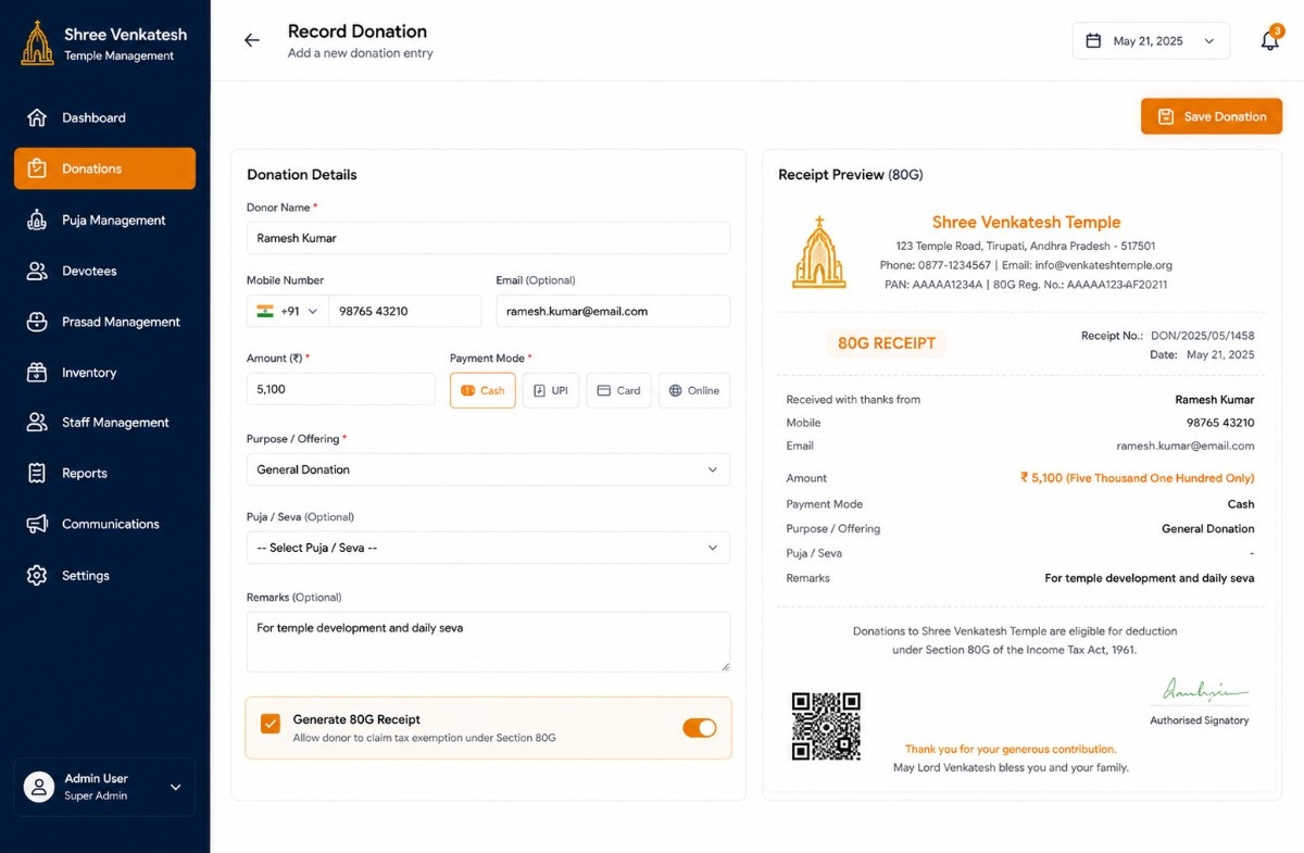 Temple donation tracking interface