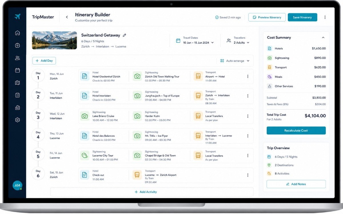 Travel itinerary builder interface