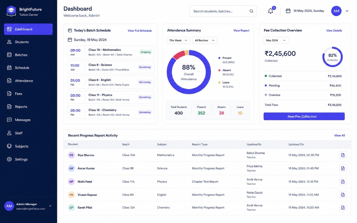 Tuition center dashboard preview