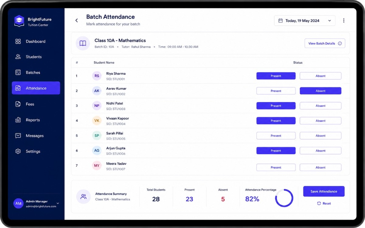 Tuition center attendance tracking interface
