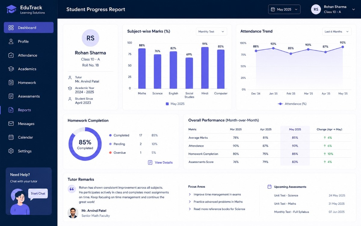 Tuition center student progress report screen
